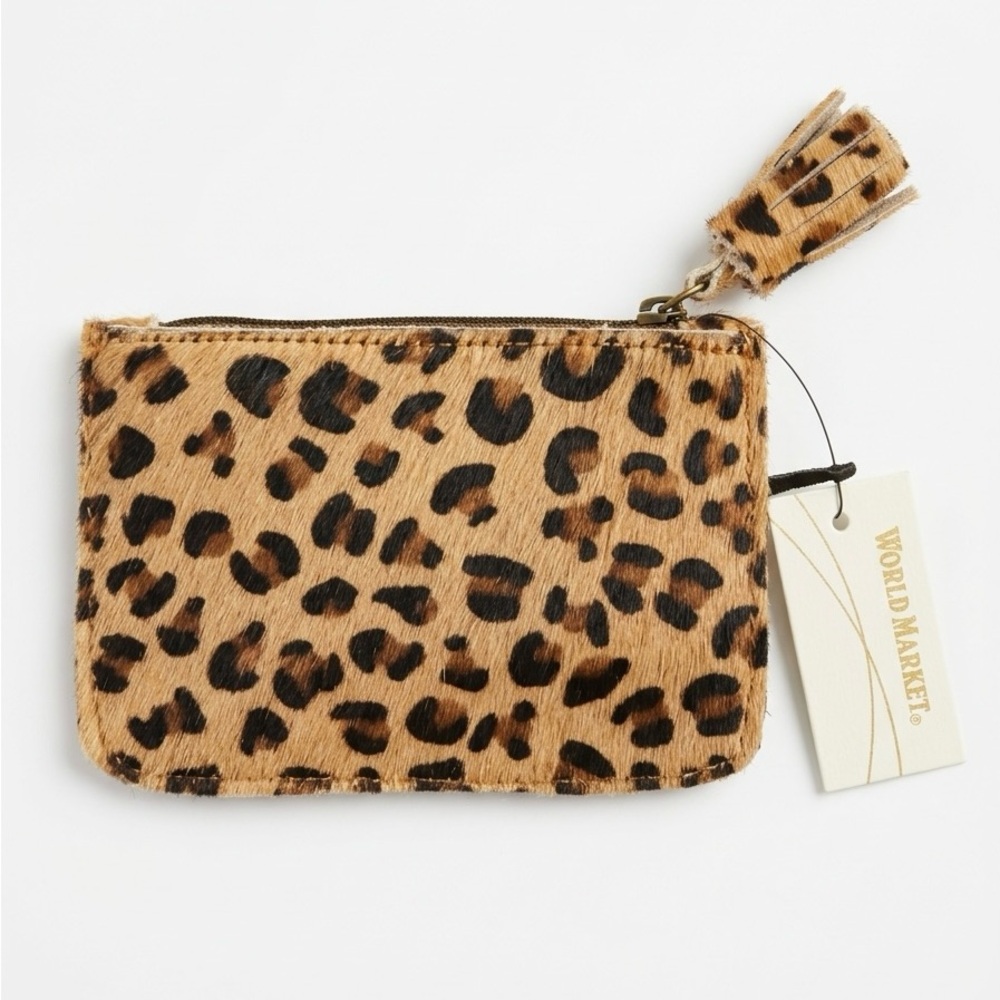 World Market Leopard-Print Tassel Zip Pouch in Tan and Black